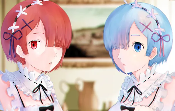 Демоны, anime, art, сёстры, Ram, Rem, Re: Zero kara Hajimeru Isekai Seikatsu