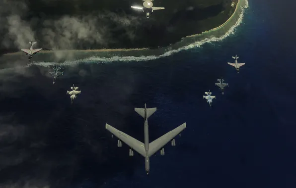 Картинка полет, авиация, земля, F-16, самолёты, F-2, B-52, EA-6B