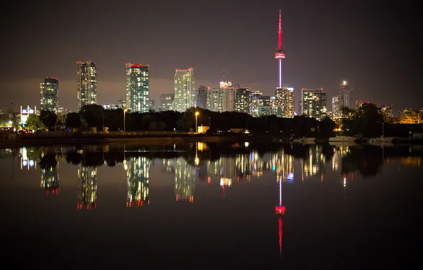 Картинка небо, вода, ночь, огни, отражение, дома, Канада, Торонто