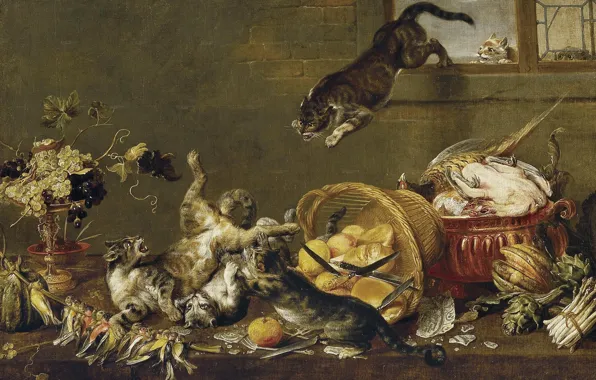 Картинка кошки, птица, корзина, коты, драка, фрукты, ножи, овощи
