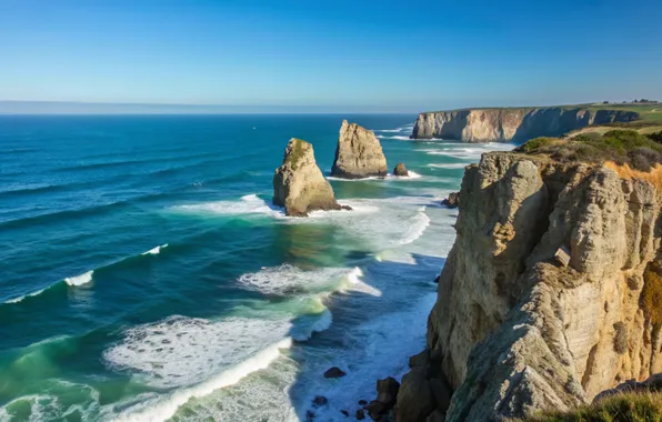 Море, волны, тучи, скалы, берег, waves, sea, ocean