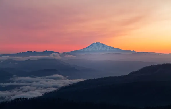 Лес, небо, закат, горы, туман, USA, Washington, North America