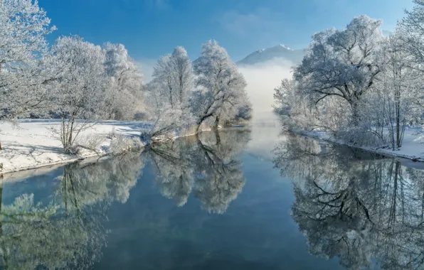 Зима, иней, лес, снег, деревья, горы, туман, озеро