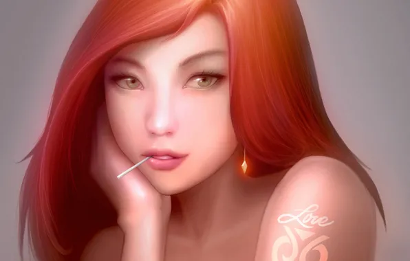 Картинка девушка, рука, арт, татуировка, рыжая, love, палочка
