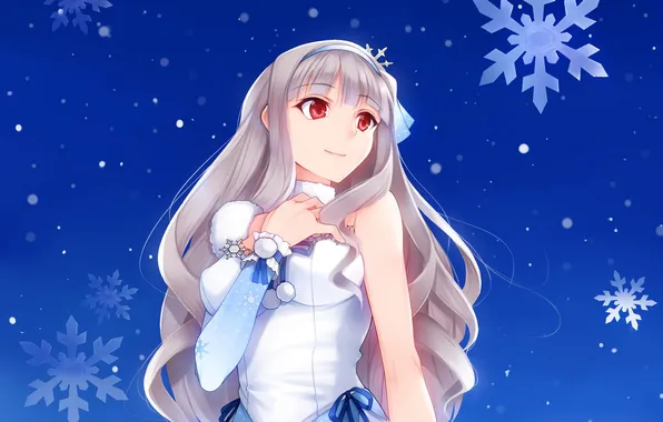 Картинка зима, девушка, снег, снежинки, аниме, арт, idolmaster, shijou takane