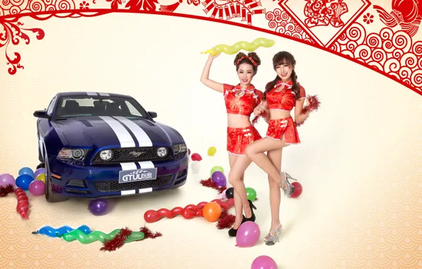Шарики, девушки, обои, японки, Ford Mustang