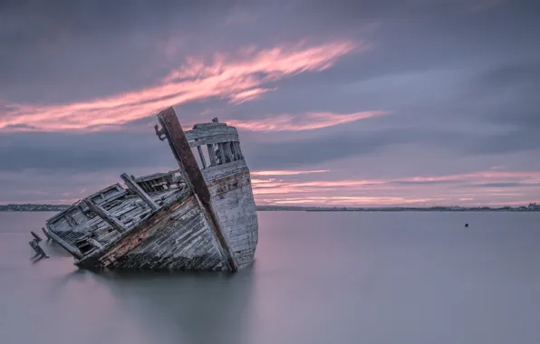 Картинка море, закат, корабль