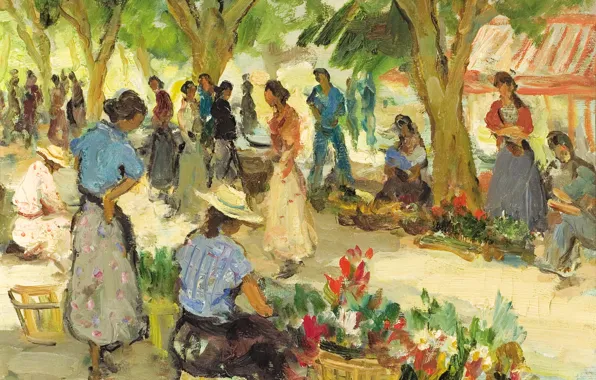 Картинка деревья, цветы, люди, картина, жанровая, Марсель Диф, Цветочный рынок в Каннах