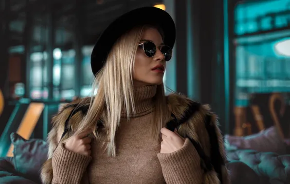 Картинка модель, шляпа, очки, блондинка