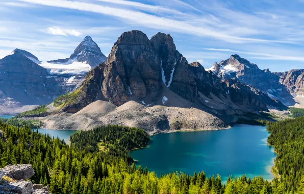 British Columbia, sky, trees, landscape, nature, mountains, clouds, lake