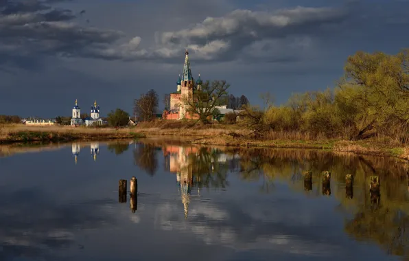 Осень, деревья, берег, весна, церковь, храм, Россия, водоем