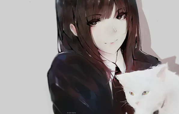 Лицо, школьница, серый фон, длинные волосы, art, челка, белый котенок, Aoi Ogata