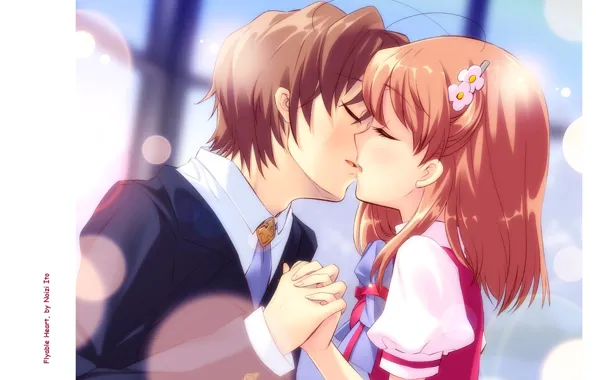 Поцелуй, руки, двое, art, школьники, закрытые глаза, visual novel, noizi ito
