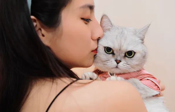 Кошка, белый, кот, взгляд, девушка, портрет, поцелуй, брюнетка