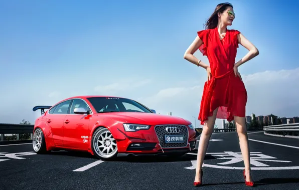 Взгляд, Audi, Девушки, очки, азиатка, красива девушка, красный авто