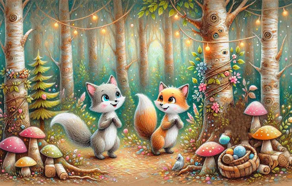 Лес, кошка, деревья, узоры, поляна, грибы, стилизация, зверушки
