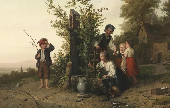 Картинка 1868, German painter, немецкий живописец, Das Blindekuhspiel, Иоганн Георг Мейер фон Бремен, Жмурки, Johann Georg …