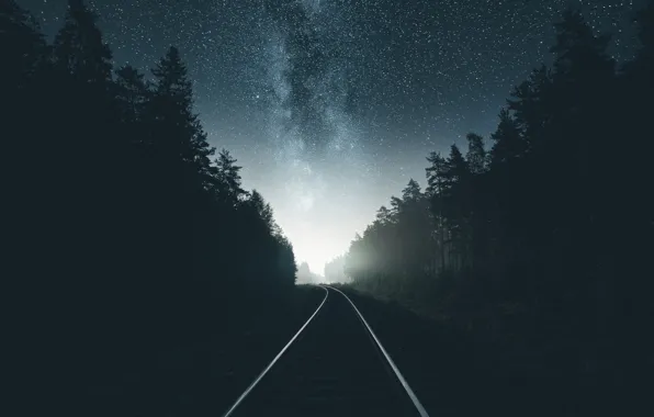 Картинка дорога, лес, небо, звезды, ночь, железная, млечный путь