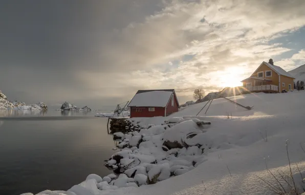 Картинка зима, снег, деревня, Норвегия, Norway, фьорд, Лофотенские острова, Lofoten Islands