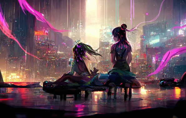 Девушка, ночь, город, огни, будущее, технологии, небоскребы, future