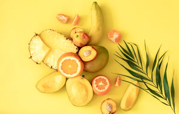 Листья, апельсины, ветка, манго, ананас, банан, персики, желтый фон