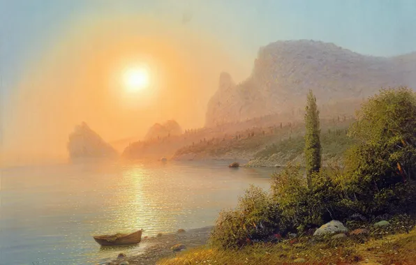 Картинка солнце, пейзаж, горы, берег, лодка, александр горячев, ялтинский маринист
