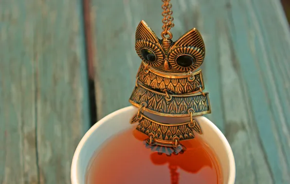 Картинка сова, чай, кружка, чашка, кулон, украшение, напиток
