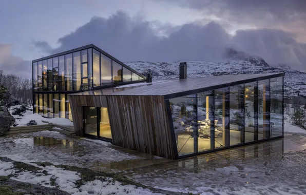 Зима, снег, вилла, вечер, Норвегия, архитектура, outside-inside house, Efjord Retreat