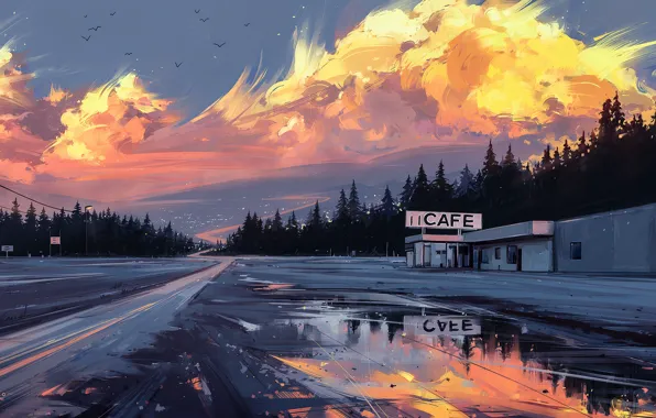 Дорога, закат, рисунок, арт, Horizon, landscape, art, cafe