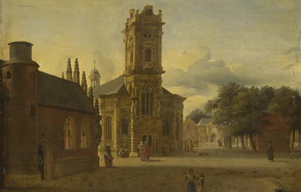 Картина, городской пейзаж, Jan van der Heyden, Ян ван дер Хейден, Площадь перед Церковью