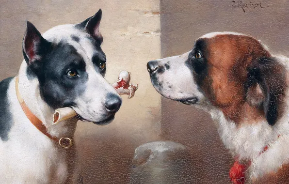 Картина, Собаки, Двое, Кость, Carl Reichert, Карл Райхерт, Австрийский художник, Приз в опасности
