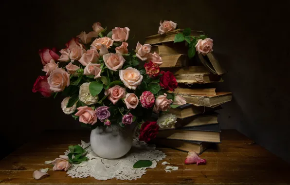 Книги, розы, букет, натюрморт, Татьяна Феденкова