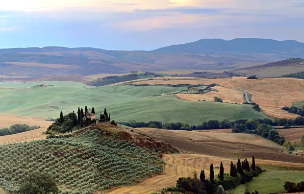 Небо, деревья, дом, холмы, поля, италия, тоскана, Val d'Orcia