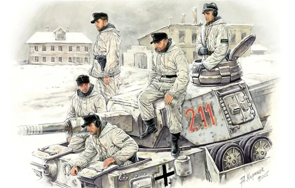 Зима, город, улица, арт, танк, экипаж