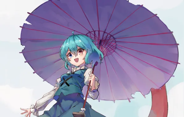 Зонт, голубые волосы, разные глаза, высунул язык, Touhou Project, Проект Восток, Tatara Kogasa, by Yanyan