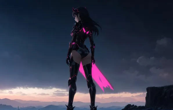 Girl, fantasy, twilight, anime, art, fantasy art, dark sky, futuristic