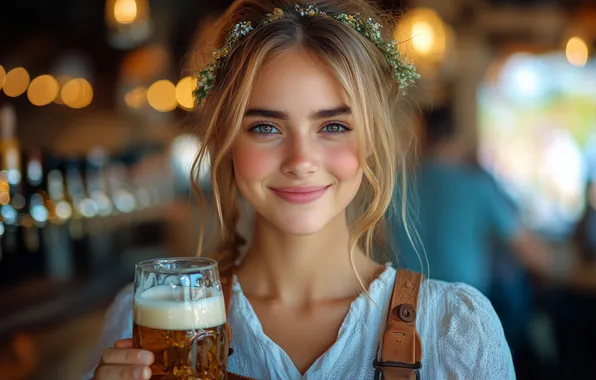 Взгляд, девушка, лицо, огни, улыбка, люди, пиво, портрет