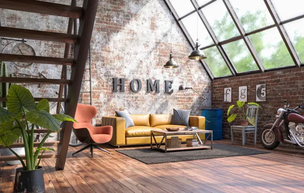 Комната, лестница, гостиная, design with grunge walls loft style, интерьер в индустриальном стиле, дизайн с …