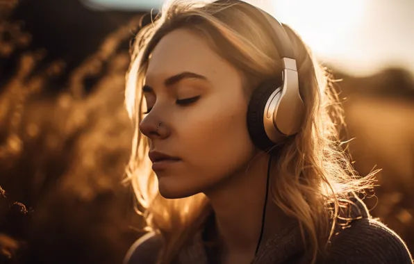 Девушка, свет, природа, лицо, музыка, портрет, наушники, пирсинг