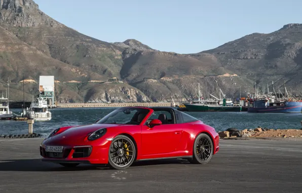 Горы, тень, корабли, 911, Porsche, причал, red, кабриолет