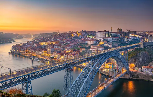 Мост, река, рассвет, панорама, Португалия, Portugal, Vila Nova de Gaia, Porto