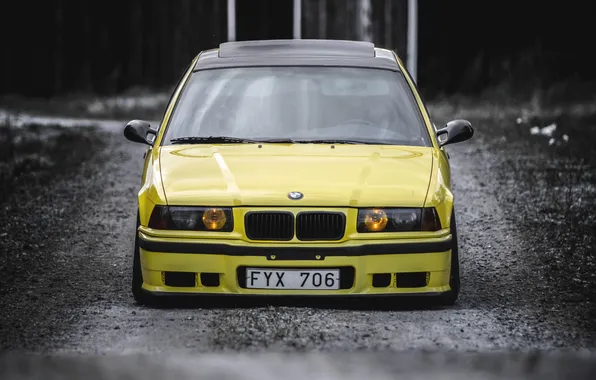 Картинка BMW, Тюнинг, БМВ, Желтая, Фары, E36, Stance, 325