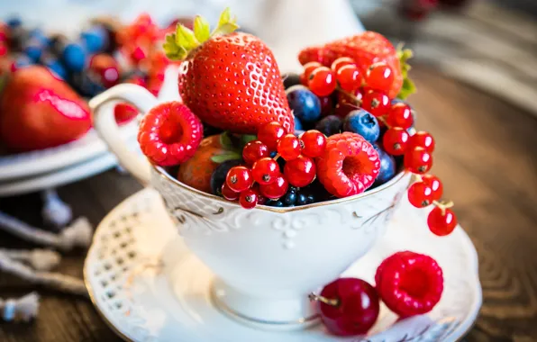 Ягоды, черника, клубника, тарелка, fresh, смородина, cup, berries