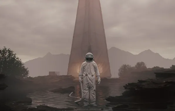 Горы, туман, сооружение, космонавт, Northern Wisps