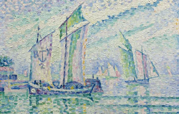 Картинка лодка, картина, парус, морской пейзаж, Поль Синьяк, пуантилизм, Канал Ла-Рошель
