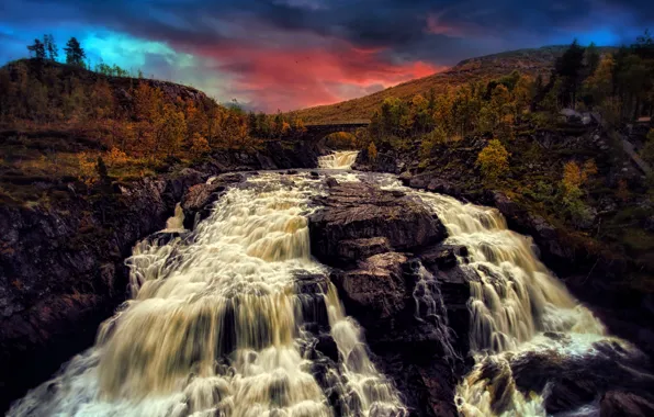 Закат, река, водопад