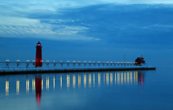 Ночь, маяк, Lake Michigan