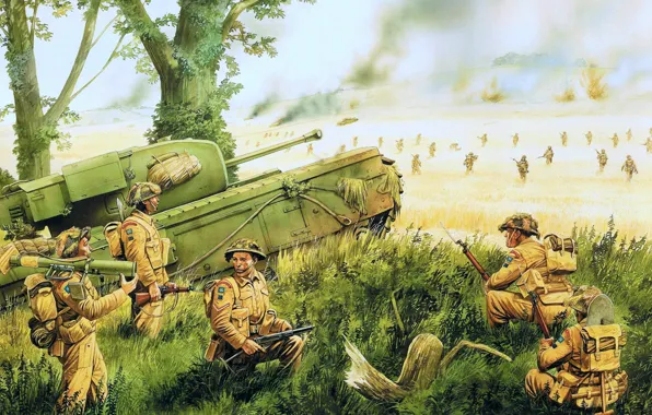 Картинка арт, художник, солдаты, танк, WW2, Churchill, Infantry, пехотный танк