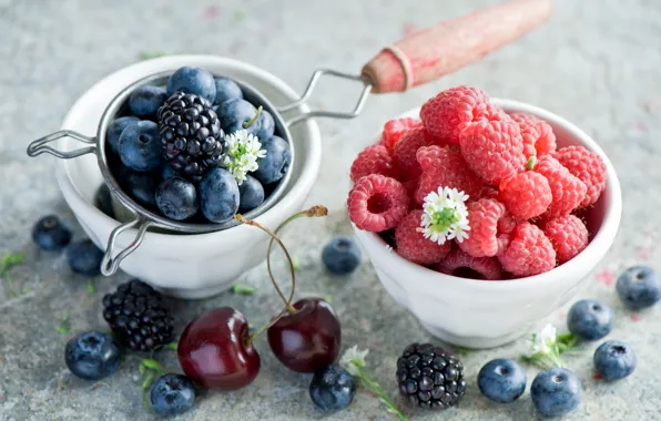 Картинка вишня, ягоды, малина, черника, посуда, черешня, ежевика, Anna Verdina