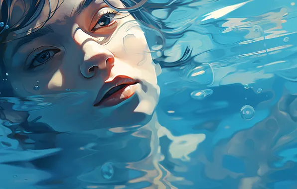 Вода, Девушка, Лицо, Глаза, Цифровое искусство, ИИ-арт, Искусство искусственного интеллекта, Нейросеть